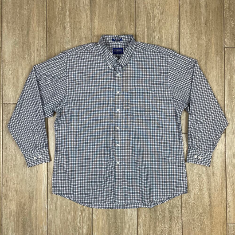 Pendleton Metro Shirt Mens XXL Blue Plaid Wrinkle Resistant Cotton Button Down